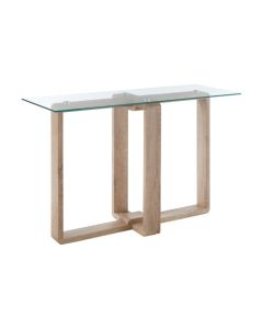 Baldock Rectangular Clear Glass Console Table With Natural Wooden Base