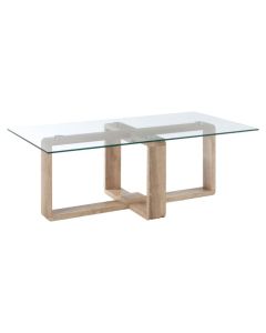 Baldock Rectangular Clear Glass Coffee Table With Natural Wooden Base