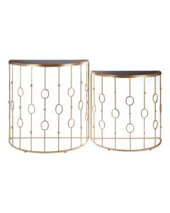 Faiza Art Deco Glass Top Set Of 2 Console Tables With Rich Gold Frame