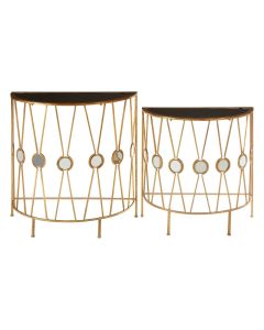 Faiza Glass Top Set Of 2 Console Tables With Rich Gold X Design Frame