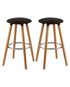 Stockholm Round Black Faux Linen Bar Stools With Beechwood Legs In Pair