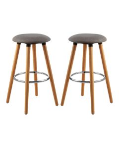 Stockholm Round Grey Faux Linen Bar Stools With Beechwood Legs In Pair