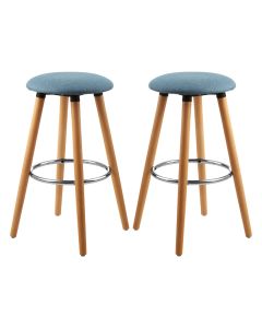 Stockholm Round Blue Faux Linen Bar Stools With Beechwood Legs In Pair