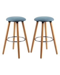 Stockholm Round Blue Faux Linen Bar Stools With Beechwood Legs In Pair