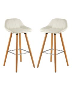 Stockholm White Faux Leather Bar Stools With Beechwood Legs In Pair