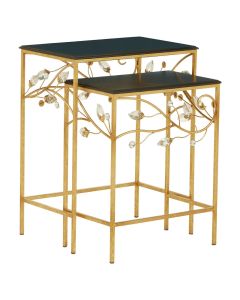 Yaxi Set Of 2 Wooden Side Tables In Black With Gold Metal Frame