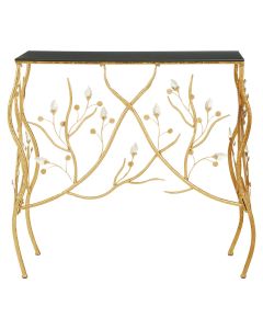 Yaxi Rectangular Wooden Console Table In Black With Gold Frame