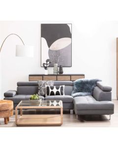 Haimi Linen Fabric Corner Sofa In Dark Grey With Chrome Metal Legs