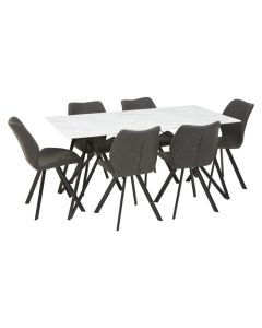 Weston Glass Top Dining Table In White With 6 Grey Leather Chairs