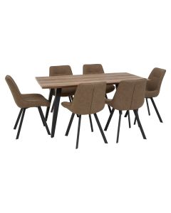 Westford Wooden Dining Table In Natural With 6 Brown Leather Chairs