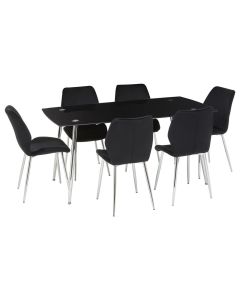 Wimslow Black Glass Dining Table With 6 Black Velvet Chairs