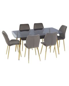 Wimslow Grey Glass Dining Table With 6 Grey Velvet Chairs