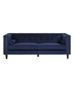 Fauna Velvet 3 Seater Sofa In Midnight Blue With Black Wooden Legs