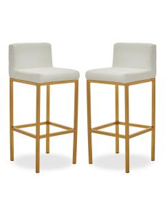 Bolney White Faux Leather Bar Chairs With Gold Metal Base In Pair