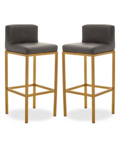 Bolney Grey Faux Leather Bar Chairs With Gold Metal Base In Pair