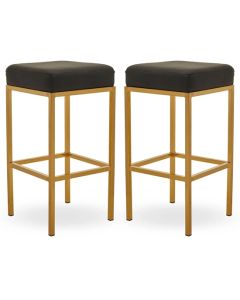 Bolney Black Faux Leather Bar Stools With Gold Metal Base In Pair