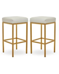 Bolney White Faux Leather Bar Stools With Gold Metal Base In Pair