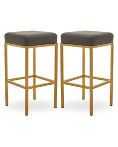 Bolney Grey Faux Leather Bar Stools With Gold Metal Base In Pair