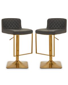 Baian Dark Grey Leather Effect Bar Stools With Gold Base In Pair