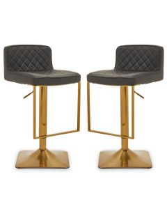Baian Dark Grey Leather Effect Bar Stools With Gold Base In Pair