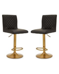 Bowburn Gas-lift Black Faux Leather Bar Stools With Gold Base In Pair