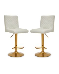 Bowburn Gas-lift White Faux Leather Bar Stools With Gold Base In Pair