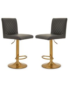 Bowburn Gas-lift Dark Grey Faux Leather Bar Stools With Gold Base In Pair