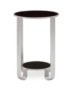 Jolie Round Mirrored End Table In Black With Silver Frame