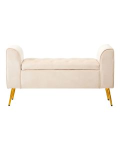 Loretta Velvet Storage Seating Bench In Stone With Gold Finish Legs