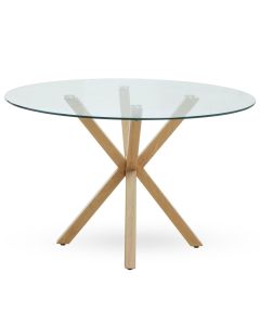 Salford Round Clear Glass Dining Table With Ash Wood Legs