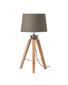 Vageya Grey Fabric Shade Table Lamp With Natural Tripod Wooden Base