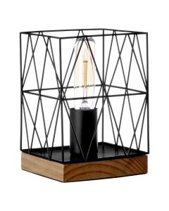 Bode Black Metal Wire Frame Table Lamp With Natural Wooden Base