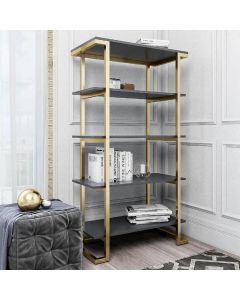 Camila Wooden Bookcase In Graphite Grey With Gold Metal Frame