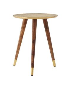 Baird Round Sheesham Wood Carve Side Table In Gold
