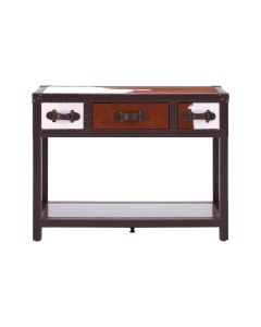 Konsek Cowhide Leather Wooden Console Table In Brown And White