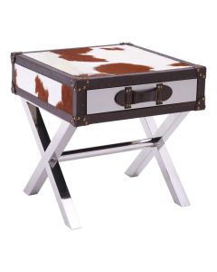 Kenseck Cowhide Leather Side Table In Brown And White