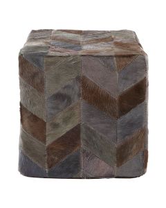 Safira Genuine Leather Patchwork Pouffe In Light Grey