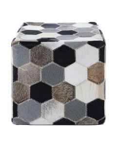 Safira Genuine Leather Patchwork Pouffe In Black And Grey
