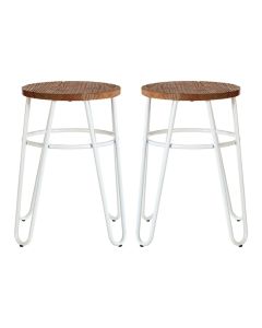 District Wooden Hairpin Stools With White Metal Legs In Pair