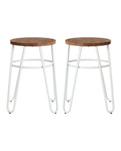 District Wooden Hairpin Stools With White Metal Legs In Pair