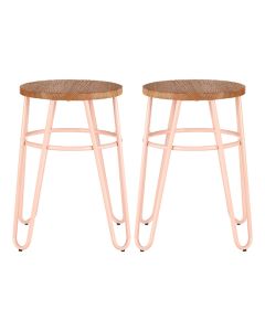 District Wooden Hairpin Stools With Pink Metal Legs In Pair