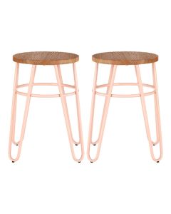 District Wooden Hairpin Stools With Pink Metal Legs In Pair