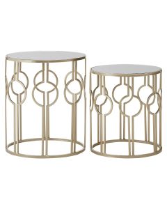 Avantis Mirrored Glass Circle Design Set of 2 Side Tables With Champagne Frame