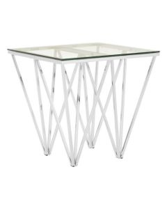 Anaco Clear Glass Top End Table With Chrome Triangular Metal Base