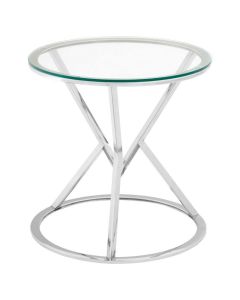 Anaco Corseted Round Clear Glass End Table With Silver Frame