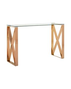 Anaco Clear Glass Console Table In Rose Gold Stainless Steel Frame