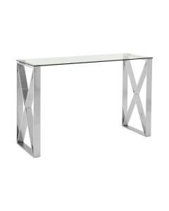 Anaco Rectangular Clear Glass Console Table With Silver Stainless Steel Base