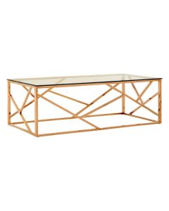 Anaco Glass Top Coffee Table In Rose Gold Geometric Stainless Steel Frame