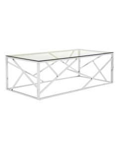 Anaco Clear Glass Coffee Table In Silver Geometric Stainless Steel Frame
