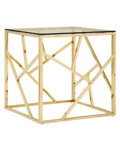Anaco Clear Glass Side Table With Champagne Gold Geometric Frame